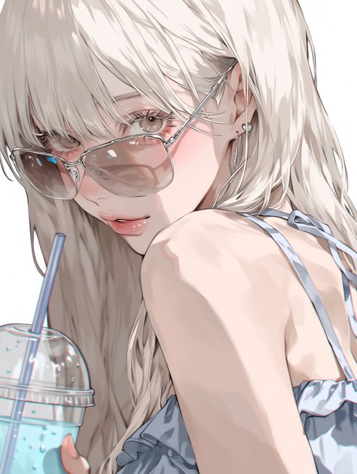 夏のアイスドリンクと白髪少女 のAI生成画像