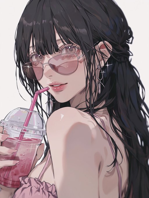 夏のドリンクとサングラス美少女 のAI生成画像