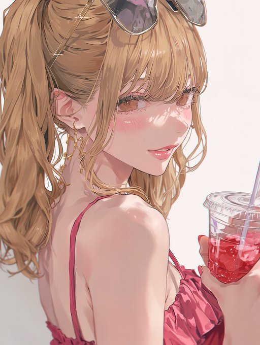 夏のドリンクと振り返る少女 のAI生成画像
