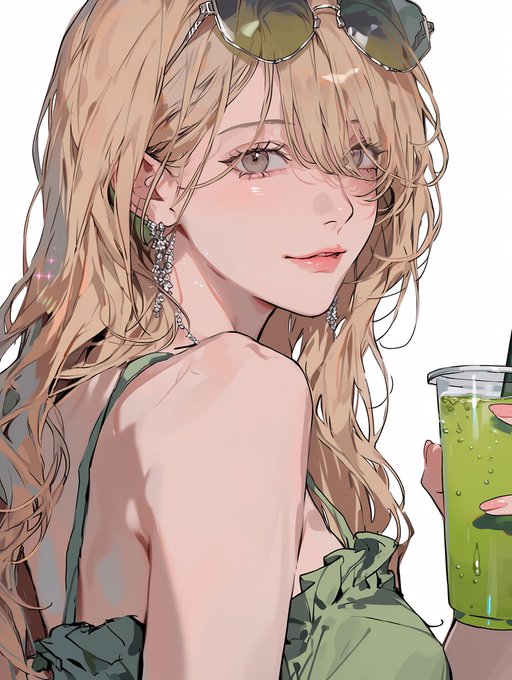 夏のグリーンドリンク美女 のAI生成画像