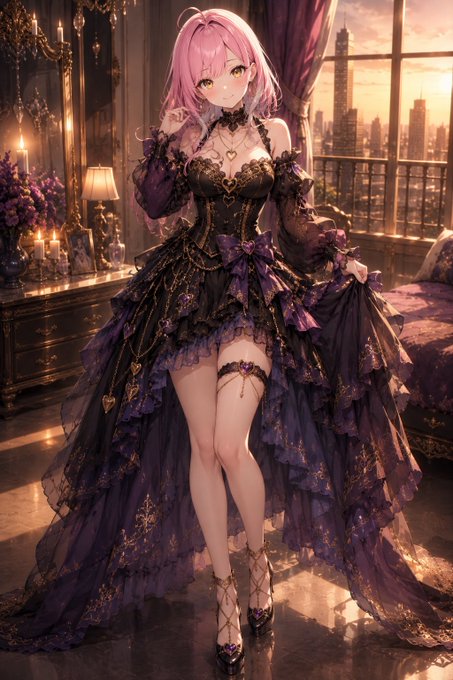黄昏の宮殿に立つ紫姫 のAI生成画像