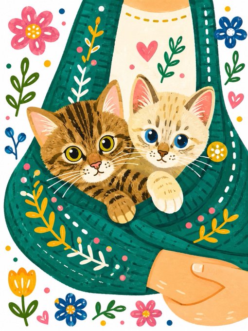 抱っこされた2匹の子猫 のAI生成画像