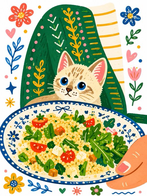 サラダをのぞく猫のイラスト のAI生成画像