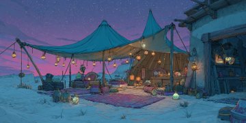 砂漠の夜の幻想テント のAI生成画像