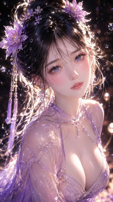 紫の花飾りをまとう幻想美女 のAI生成画像