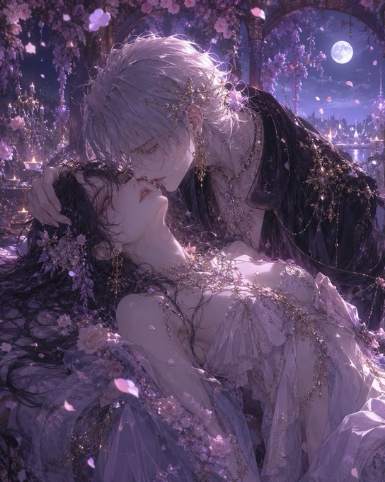 月夜の幻想的な口づけ のAI生成画像