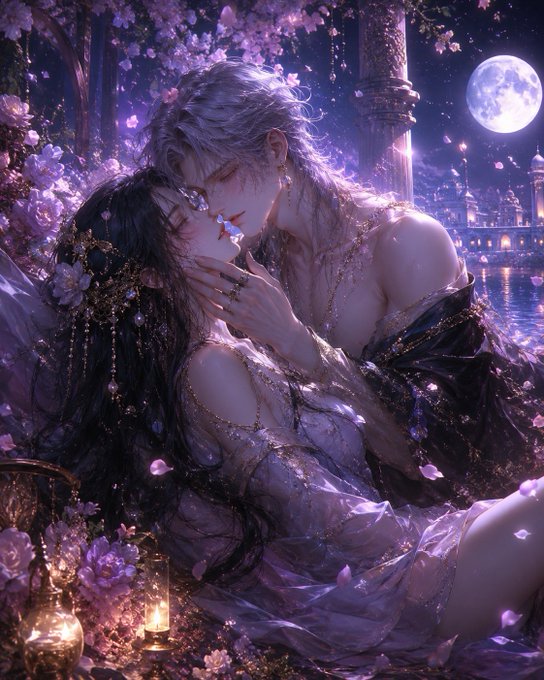 月夜の幻想的な口づけ のAI生成画像