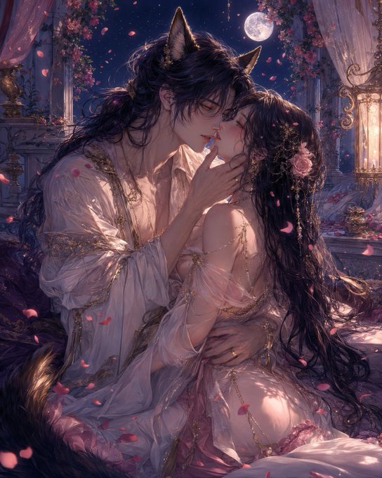 月夜の獣耳恋人たち のAI生成画像