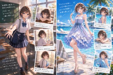 制服と夏服の少女コラージュ のAI生成画像