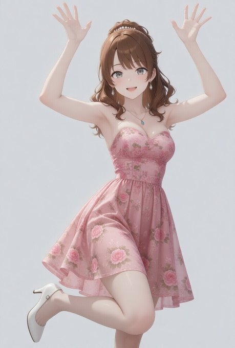 花柄ピンクドレスの笑顔の少女 のAI生成画像