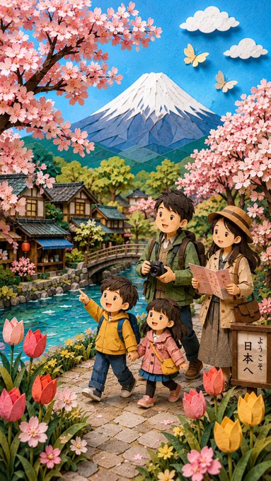 家族で巡る春の日本旅行 のAI生成画像