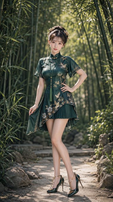 竹林に佇む旗袍美人 のAI生成画像
