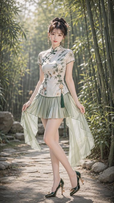 竹林の中国美人チャイナドレス のAI生成画像
