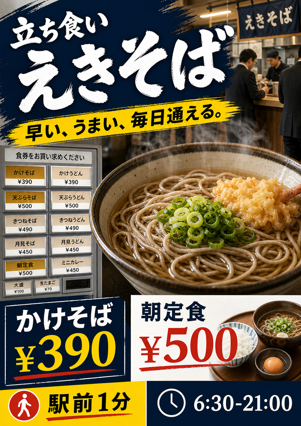 立ち食いえきそば店舗ポスター のAI生成画像