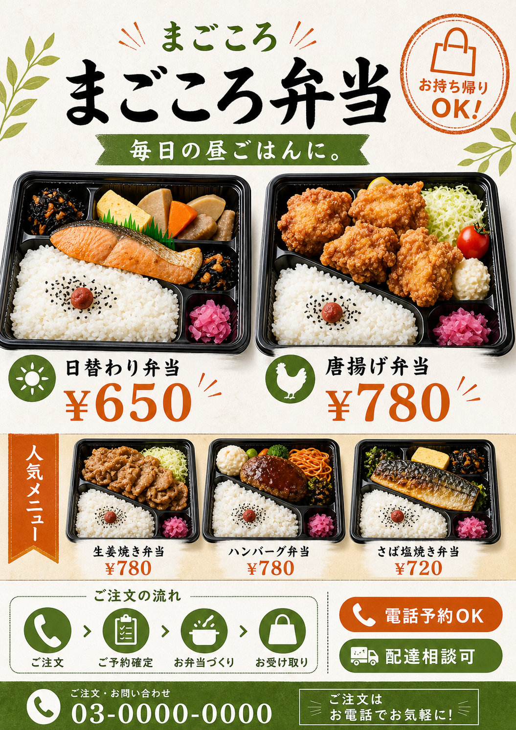 まごころ弁当メニューチラシ のAI生成画像