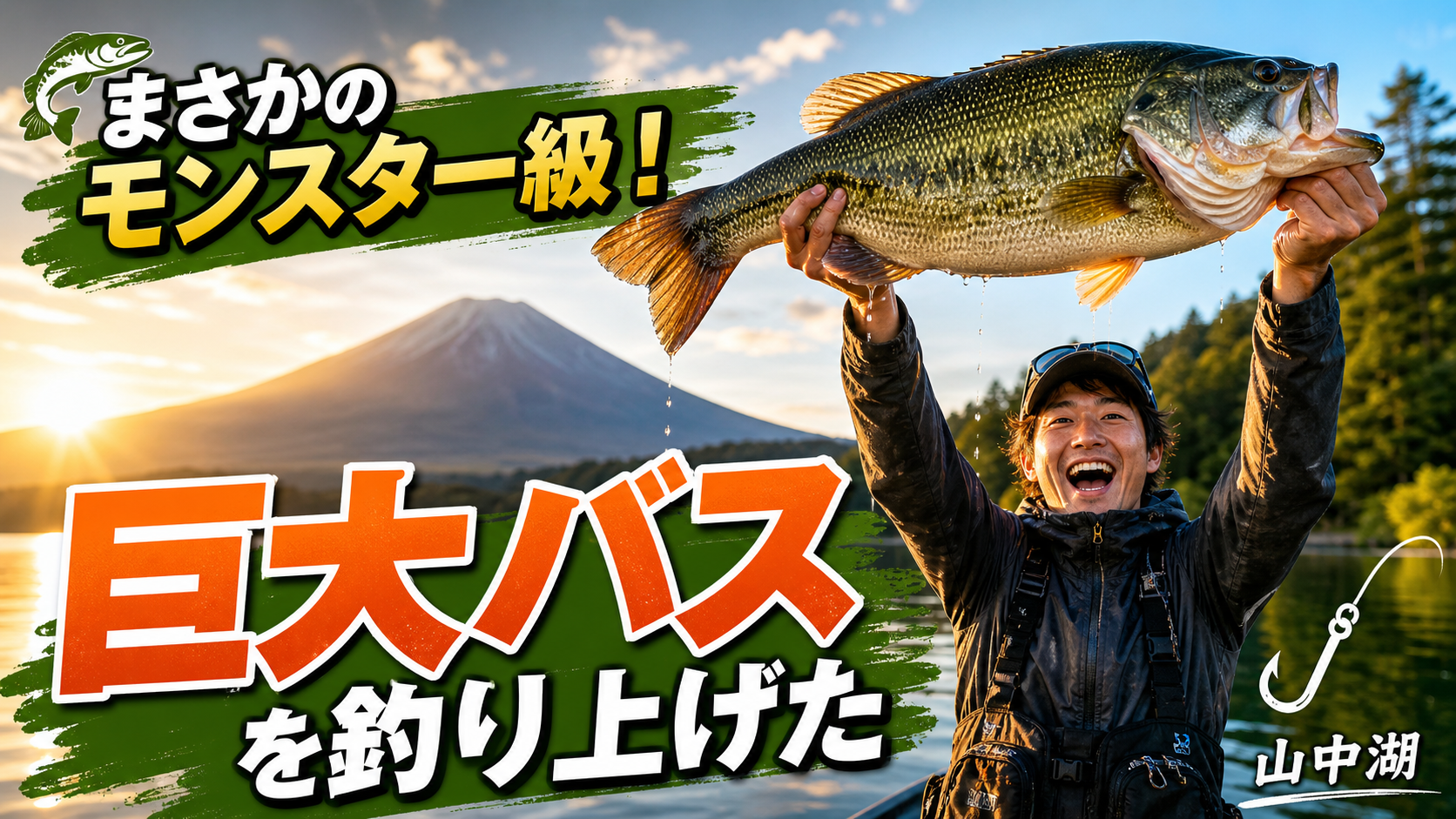 山中湖で巨大バスを釣り上げた男 のAI生成画像
