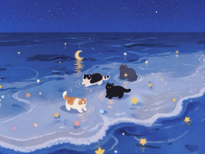星降る夜の海辺で遊ぶ猫たち のAI生成画像