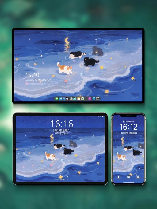 夜の海を歩く猫たちの壁紙 のAI生成画像
