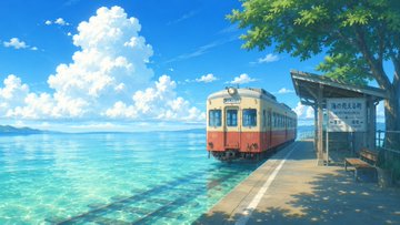 海辺の小さな駅と電車 のAI生成画像