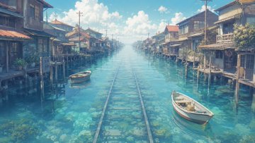 水没した線路と水上集落 のAI生成画像