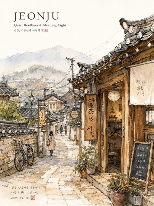 全州韓屋村の朝の水彩画 のAI生成画像