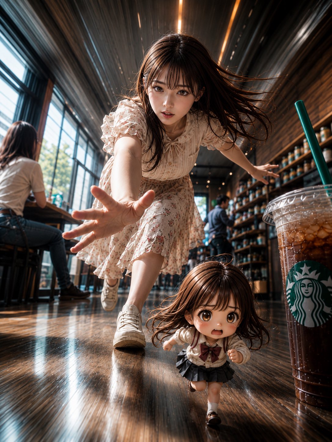 巨人少女とミニチュア少女のカフェ のAI生成画像