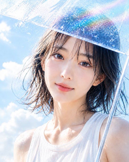 透明傘と虹光の夏少女 のAI生成画像