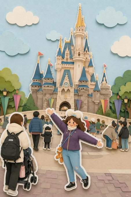 ディズニーキャッスル前の女性 のAI生成画像