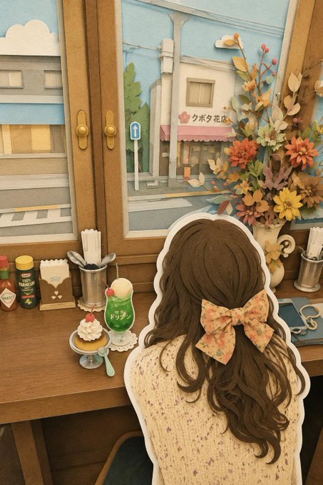 喫茶店の窓辺で振り向く少女 のAI生成画像