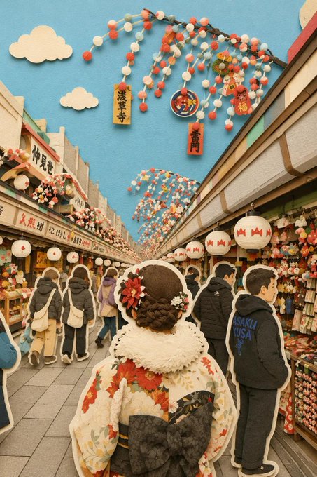 浅草仲見世の着物少女 のAI生成画像