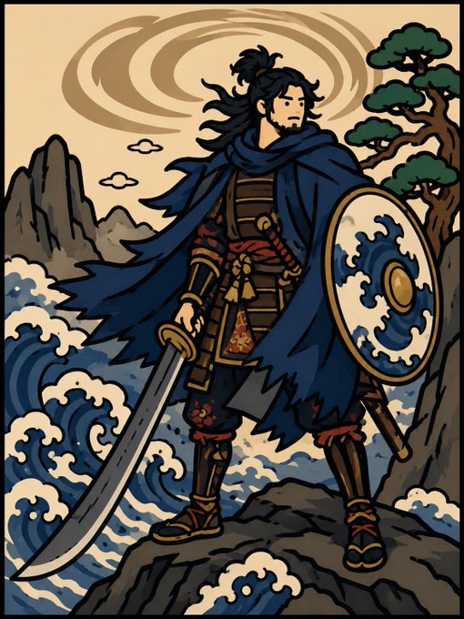 浮世絵風青マント侍 のAI生成画像