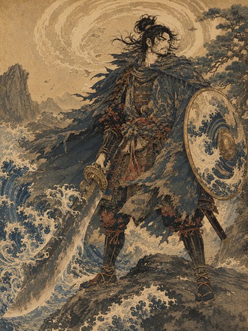 嵐の武将と荒波 のAI生成画像