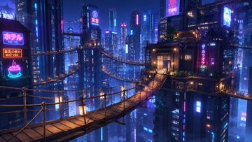 ネオン輝くサイバーパンク都市の吊り橋 のAI生成画像