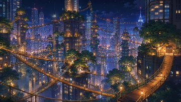 夜の緑溢れる光の都市 のAI生成画像