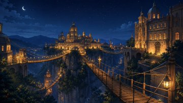 夜の崖上に広がる幻想都市 のAI生成画像