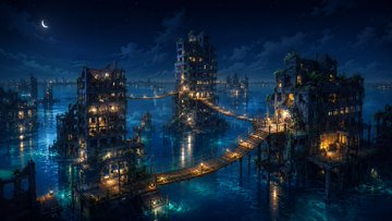 廃墟都市の水没夜景 のAI生成画像