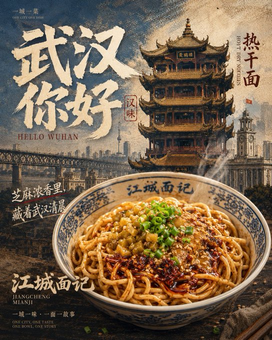 武漢熱乾麺の広告ポスター のAI生成画像