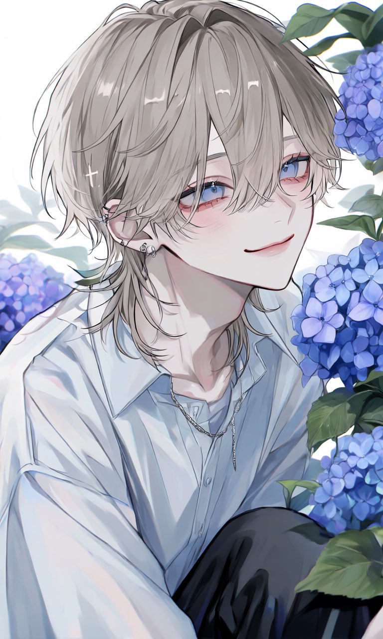 紫陽花と憂いの少年 のAI生成画像