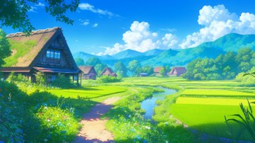 夏の合掌造り里山風景 のAI生成画像