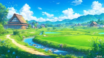 夏の田舎村と青い小川 のAI生成画像