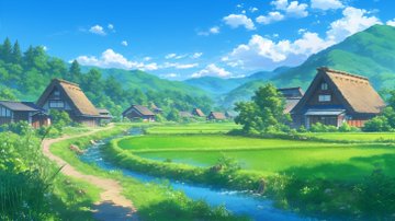 日本の夏の合掌造り村 のAI生成画像