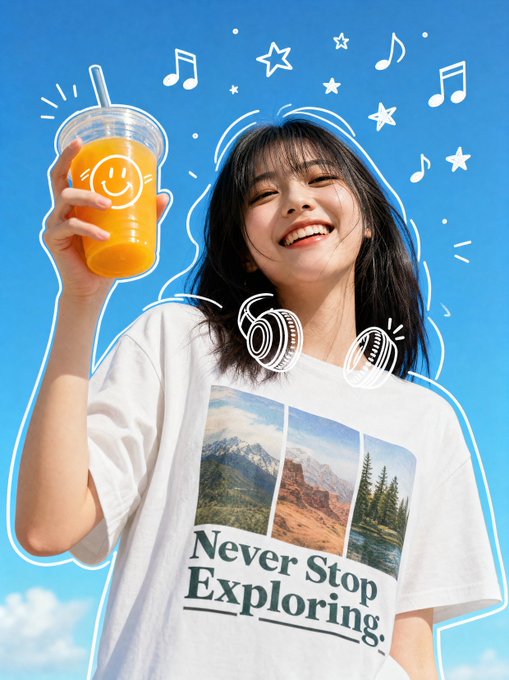 夏空とオレンジジュースの笑顔 のAI生成画像