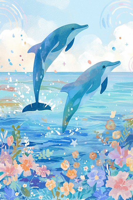 イルカと花の海水彩イラスト のAI生成画像