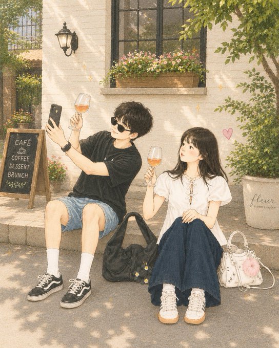 カフェ前でワインを楽しむカップル のAI生成画像