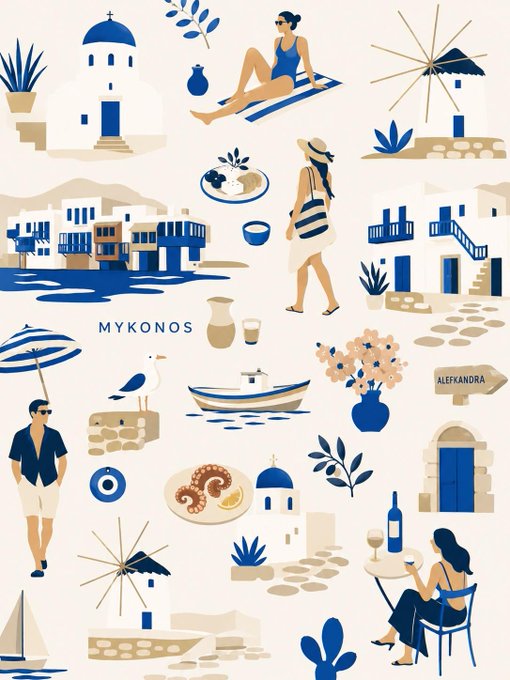 ミコノス島旅行イラストマップ のAI生成画像
