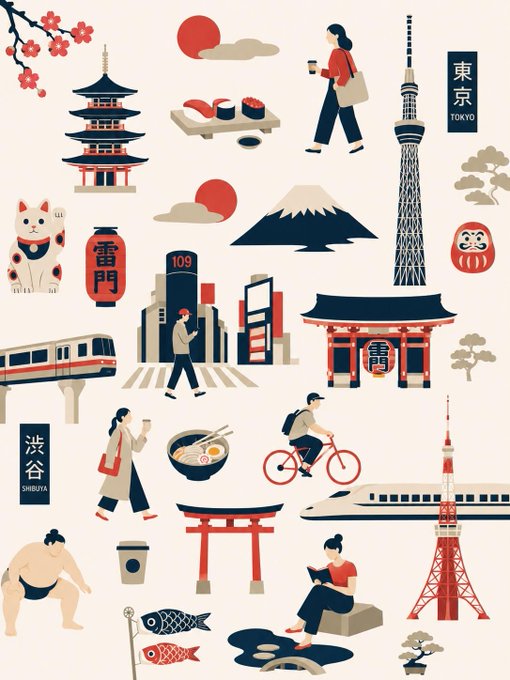 東京観光フラットイラスト のAI生成画像