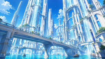 水晶の都市と青い水辺 のAI生成画像