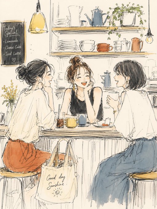 カフェで談笑する三人の女性 のAI生成画像