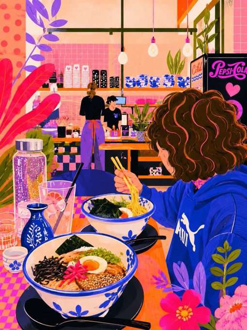ラーメン店でひとり食事する女性 のAI生成画像