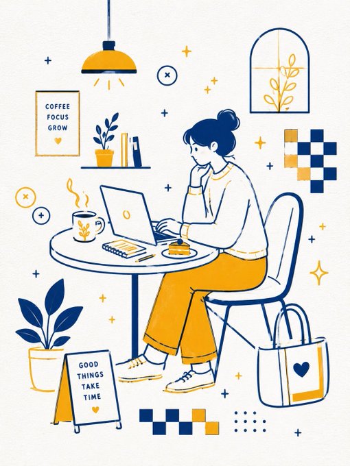 カフェで作業する女性イラスト のAI生成画像